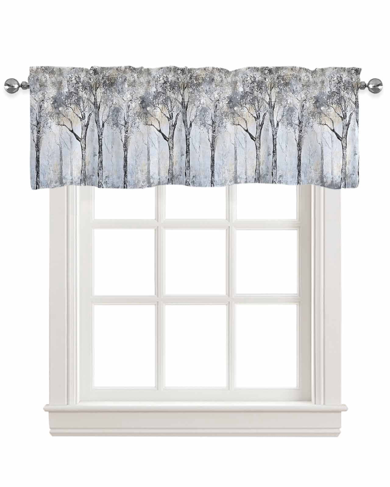 Gray Forest Kitchen Valances for Windows Farmhouse Linen Window Valance Curtain for Living Room Window Treatment Vintage Watercolor Trees Branch Valance Rod Pocket Topper Drape, 42 x 18 Inch