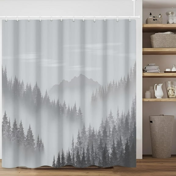 Gray Forest Mountain Shower Curtain, Misty Pine Forest Fabric Shower Curtain for Bathroom, Foggy Nature Mountains Bathroom Shower Curtain Set with Hooks, 72x72 inches