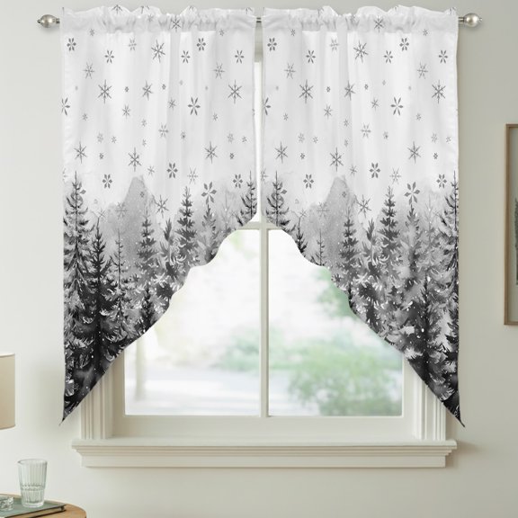 Gray Forest Swag Curtain Valances for Kitchen, Pine Tree Forest Gray Snowflake Winter Fog Country Rod Pocket Curtains Window Treatment Swag Valance for Bedroom Bathroom, 2 Panels 36 x 36 Inch