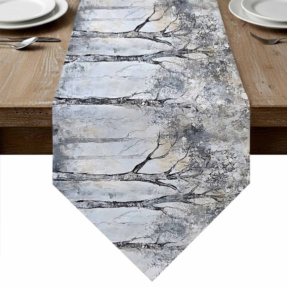 Gray Forest Table Runner Linen Burlap Table Runner 90 Inches Long Vintage Watercolor Trees Branch Dresser Scarves for Kitchen Island Coffee Dining Room Party Wedding Banquet Holiday Decor 13"x90"