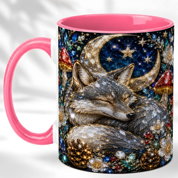 Gray Fox Coffee Mug, Moon Forest Mug, Ceramic 11 oz