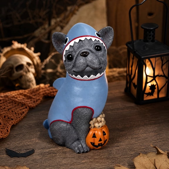 Gray Frenchie in Shark Halloween Dog Blow Mold, Resin French Bulldog Pumpkin Figurine Statue, Indoor Outdoor Decor