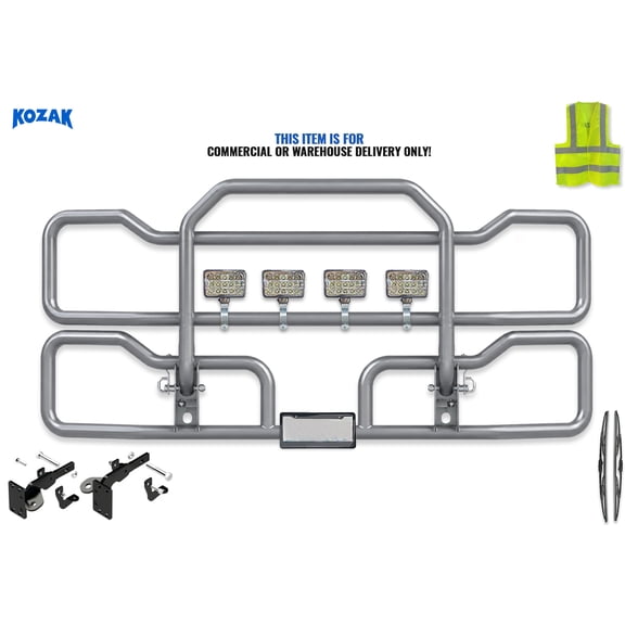 Gray Front Grille Deer Moose Bumper Guard w/Brackets & 4X 6 Square LED Headlights Compatible with Peterbilt 579 2013-2021