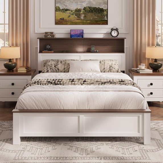 Full Bed Frame with Storage Headboard and Charging Station, LED Full Platform Bed with Wood Slat Support for 550lbs Weight Capacity, No Box Spring Needed, Easy Assembly, Brown and White