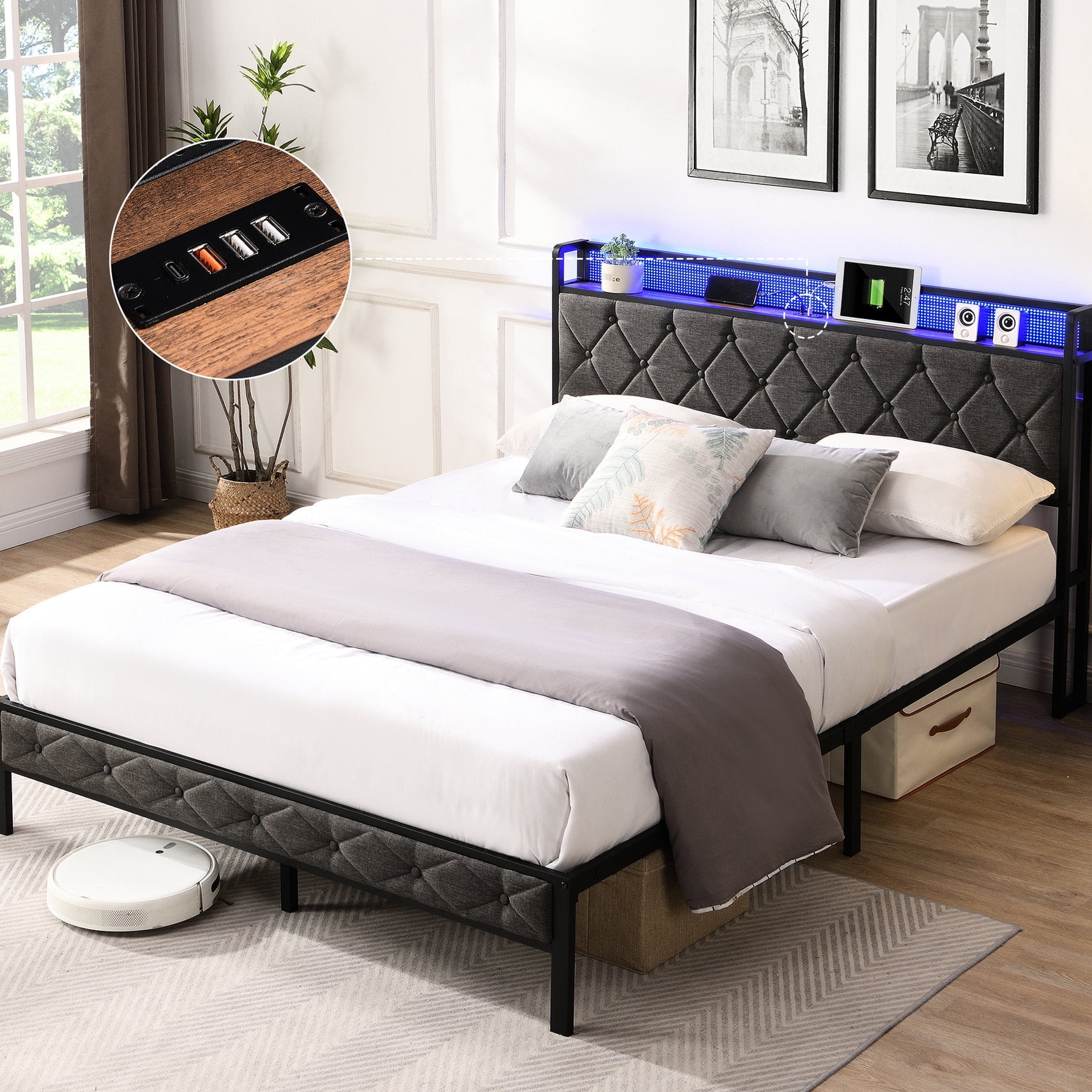 Gray Full Bed Frame with Smart RGB LED / Transform Bedroom with 60000 ...