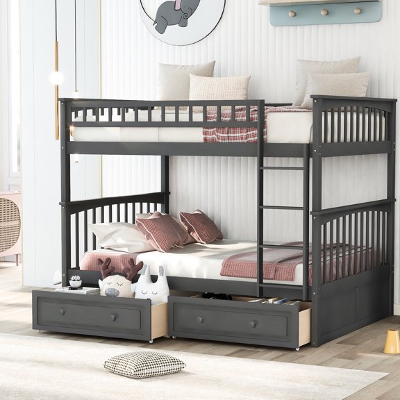 Gray Full Bunk Bed, Convertible and Sturdy / Offers Storage and Versatile Bedroom Setup