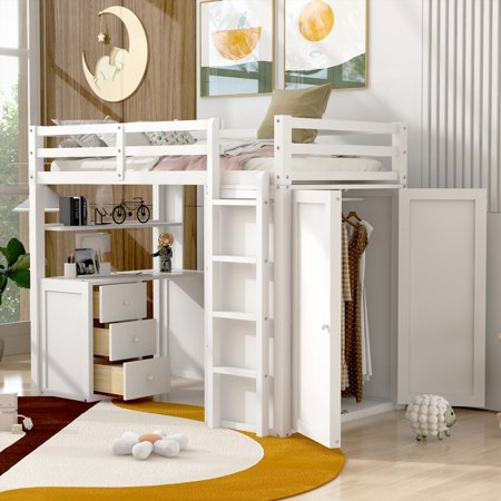 White Twin size Loft Bed with Integrated Drawers, Desk & Wardrobe - Saves Space & Adds Functionality