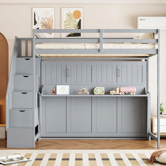 Gray Full Over Full Murphy Bed - Hydraulic Lift & Desk Design, Ideal for Small Spaces