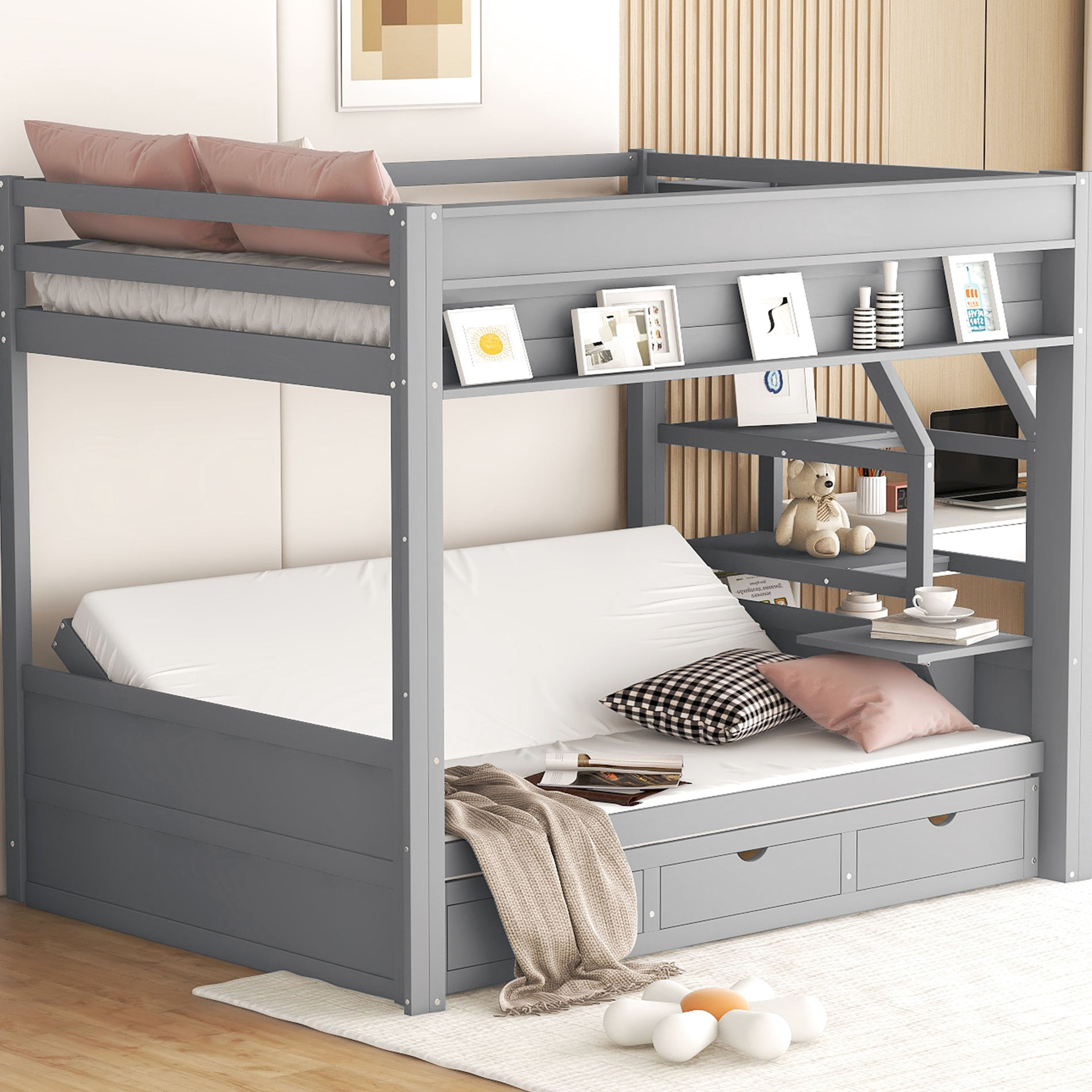 Gray Full Size Convertible Bunk Bed | Sturdy Structure & Drawer Storage