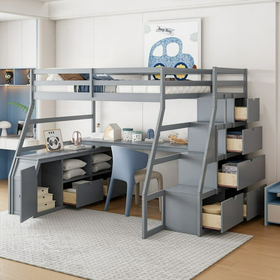 Full Size Plywood Loft Bed with 7 Drawers 2 Shelves and Desk - Gray (Sturdy & Storage-Friendly for Bedroom)