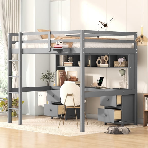 Gray Full Size Loft Bed With Desk, Storage And Charging Feature In 4 Cabinets, Drawers & Hub