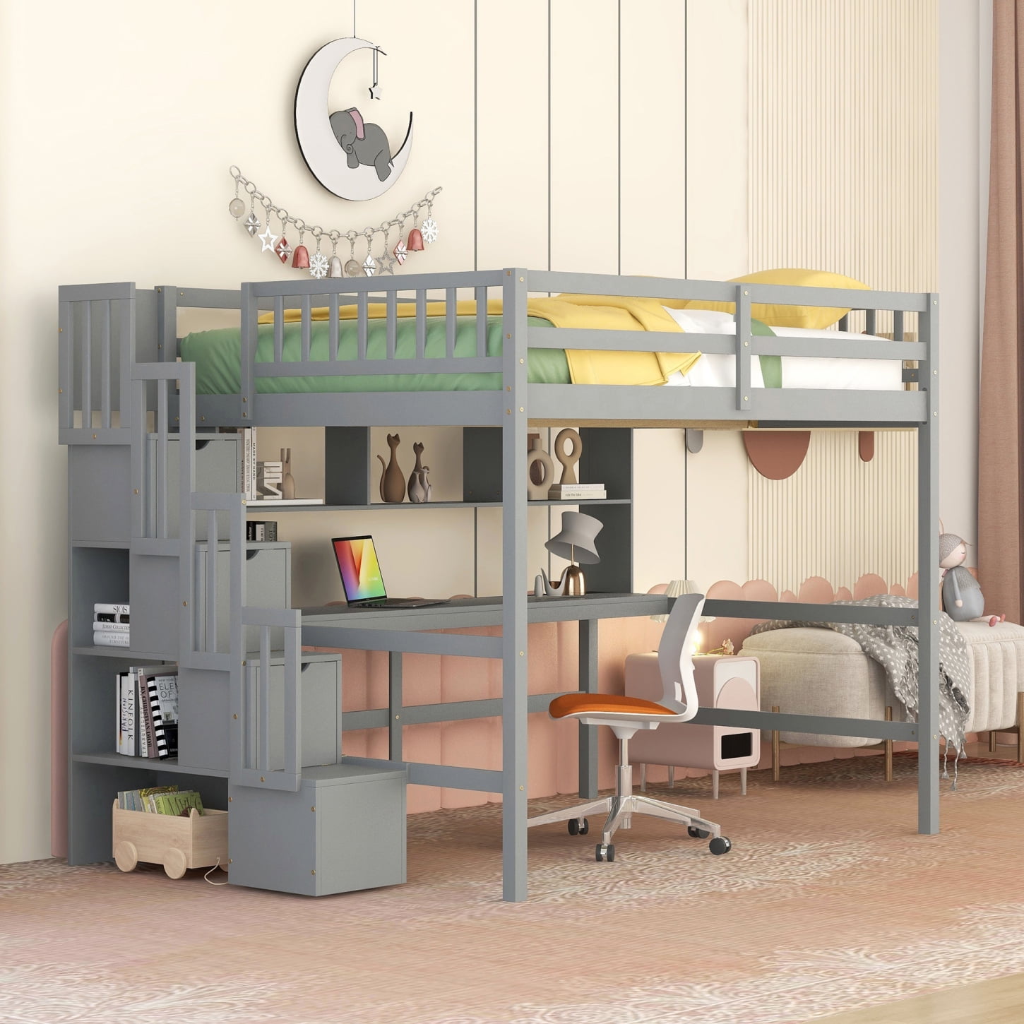Gray Full Size Loft Bed with Desk, Storage Shelves, and Staircase