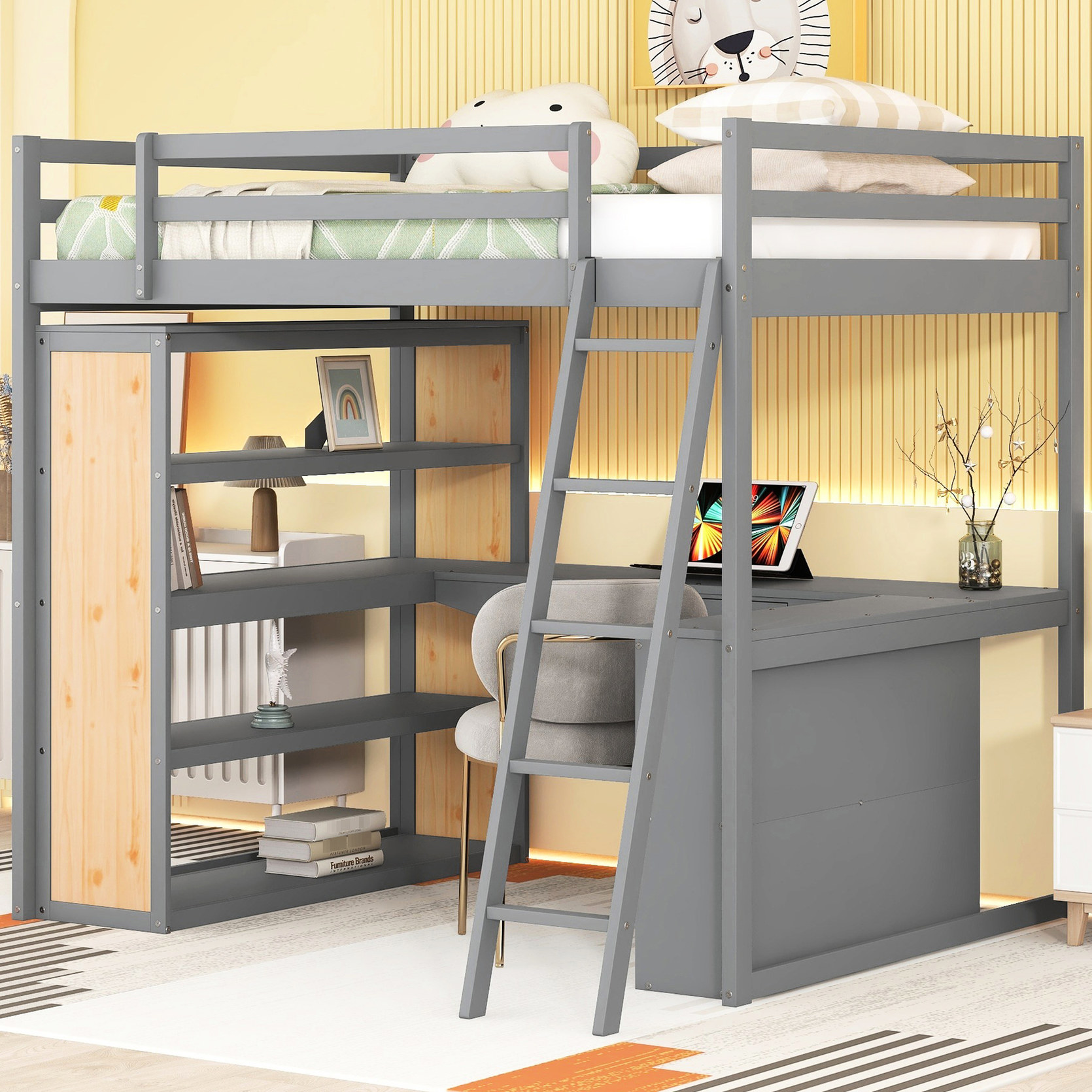 Gray Full Size Loft Bed with Ladder, Desk and Storage | Suitable for ...