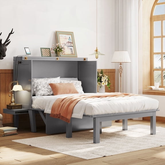 Gray Full Size Murphy Bed Featuring USB Port & Removable Shelves