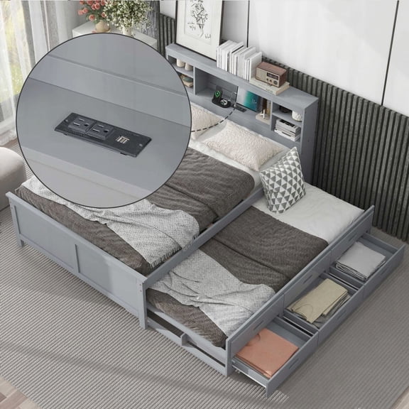 Full Size Platform Bed with Storage & USB, Gray, Twin Trundle & 3 Drawers