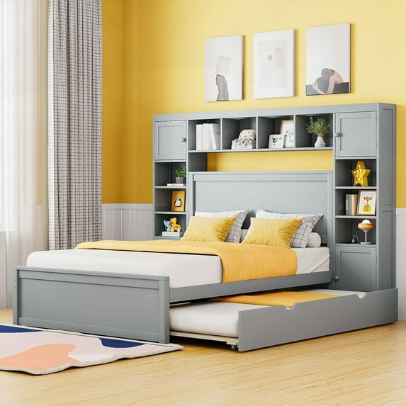 Gray Full Size Wooden Bed Boasting All-in-One Cabinet, Shelf & Sockets with Twin Trundle