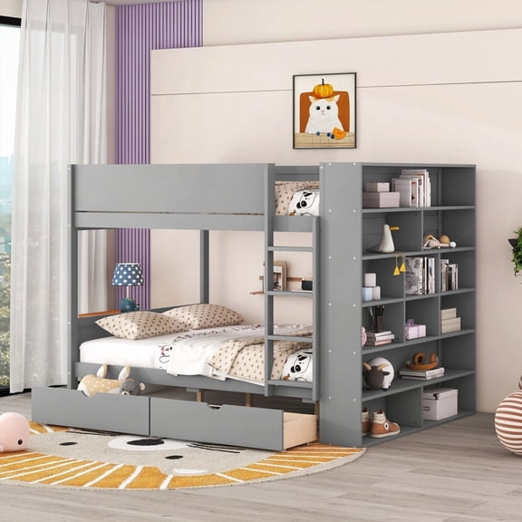 Gray Full over Full Bunk Bed having 2 Drawers & Cabinet - Ideal for Growing Families' Space