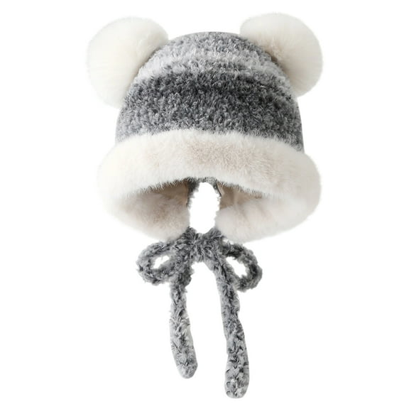 Gray Furry Knit Beanie for Kids and Babies Soft Warm Winter Ear Protection Hat Fashionable Toddler Outdoor Thermal Skull Cap