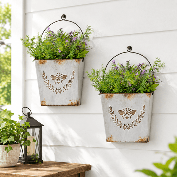 Gray Galvanized Metal Wall Mount Planter Set of 2 Rustic Hanging Pocket Flower Pots