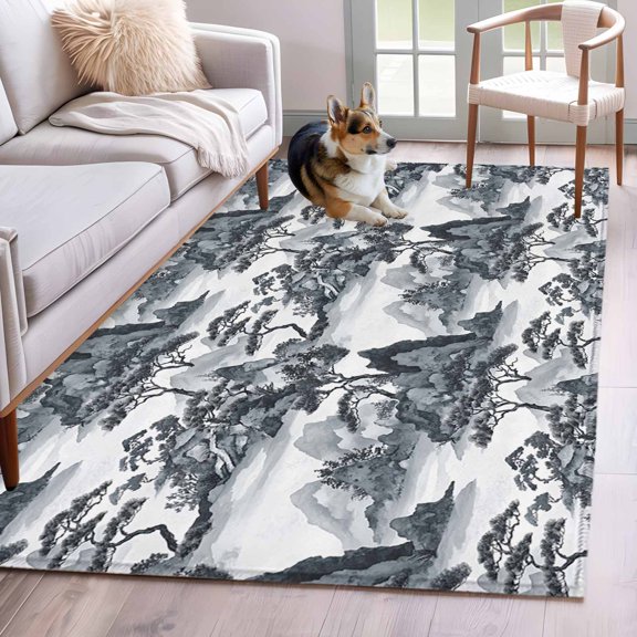 Gray Garden Area Rug 4x6 Washable Rug Non Slip Retro Mountain Tree Forest Landscape Large Area Rug Indoor Floor Carpet for Entryway Bedroom Kitchen Living Room Home Office Dining Room Nursery