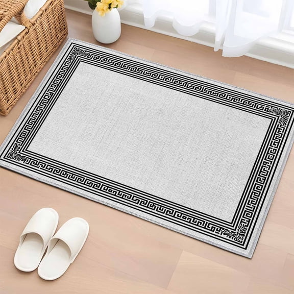 Gray Geometric 2x3 Door Mat Rug, Black Greek Key Design Burlap Modern Art Non-Skid Rubber Backing Large Rectangle Rugs - Living Room Bedroom Home Office, Indoor Floor Mat Carpets Washable Rug