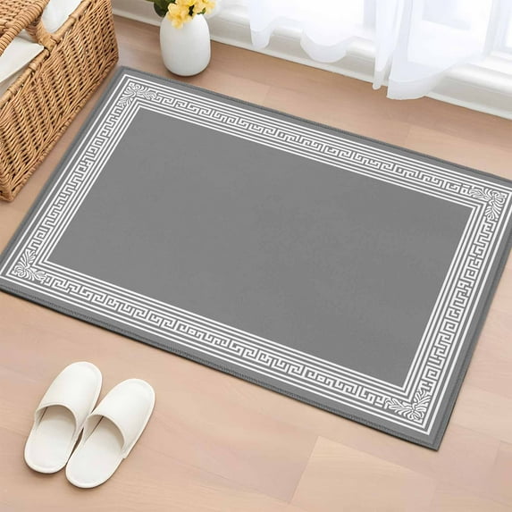 Gray Geometric 2x3 Door Mat Rug, White Greek Key Design Abstract Modern Art Non-Skid Rubber Backing Large Rectangle Rugs - Living Room Bedroom Home Office, Indoor Floor Mat Carpets Washable Rug