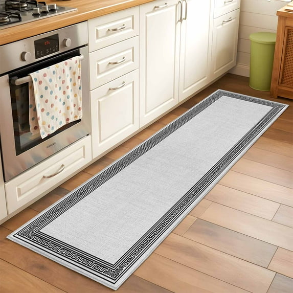 Gray Geometric 2x6 Kitchen Runner Rug, Black Greek Key Design Burlap Modern Art Non-Skid Rubber Backing Large Rectangle Rugs - Living Room Bedroom Home Office, Indoor Floor Mat Carpets Washable Rug