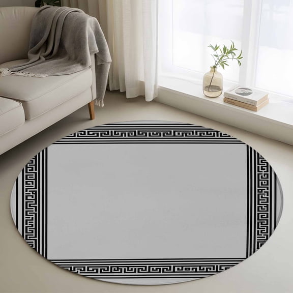 Gray Geometric 3ft Round Rug, Black Greek Key Design Abstract Modern Art Non-Skid Rubber Backing Large Area Rugs - Living Room Bedroom Home Office, Indoor Floor Mat Carpets Washable Rug