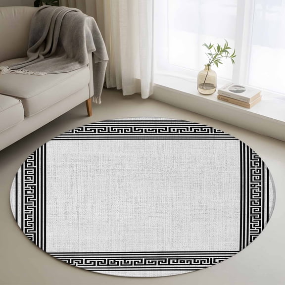 Gray Geometric 3ft Round Rug, Black Greek Key Design Burlap Modern Art Non-Skid Rubber Backing Large Area Rugs - Living Room Bedroom Home Office, Indoor Floor Mat Carpets Washable Rug