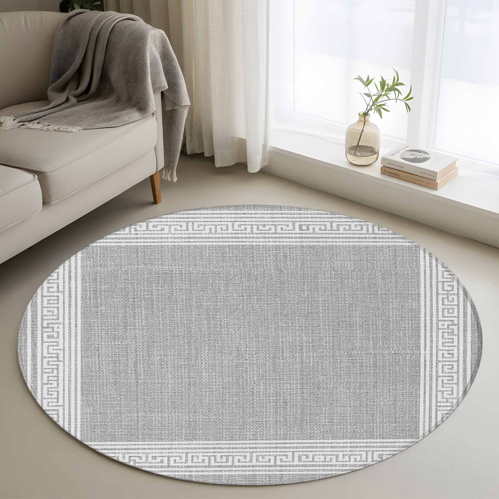 Gray Geometric 4ft Round Rug, White Greek Key Design Burlap Modern Art ...