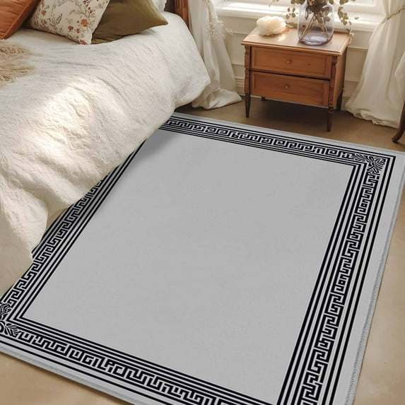 Gray Geometric 4x6 Area Rugs, Black Greek Key Design Abstract Modern Art Non-Skid Rubber Backing Large Rectangle Rugs - Living Room Bedroom Home Office, Indoor Floor Mat Carpets Washable Rug