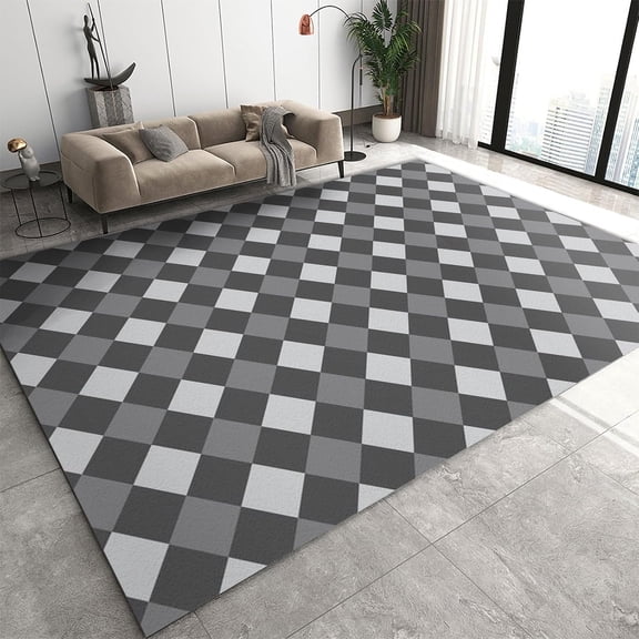Gray Geometric Area Rugs Machine Washable Area Rugs For Living Room, Soft Washable Rugs, Geometric Grid Texture Dark Gray Non-Slip Washable Area Rug 1x2ft