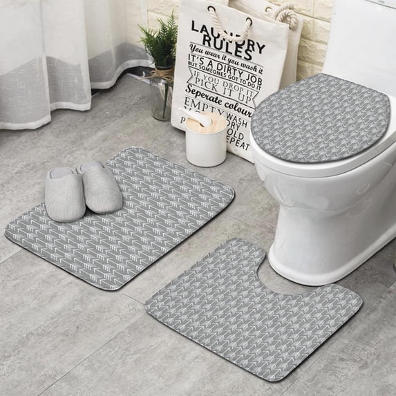 Gray Geometric Arrow Pattern Bathroom Rugs Sets 3 Piece,Toilet Cover Set,Absorbent Non Slip Bathroom Mats Sets with U-Shaped Contour Rug Toilet Rug Set