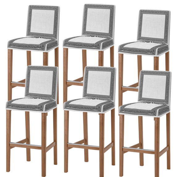 Gray Geometric Bar Stool Cover Set of 6, Black Greek Key Design Burlap Modern Art Stretch Bar Chair Cover, Removable Washable Pub Counter Stool Chair Slipcover for Kitchen Dining Room Pub Cafe
