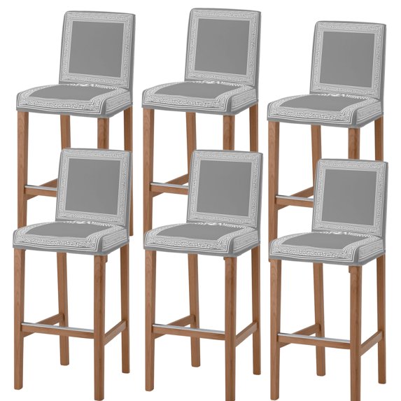 Gray Geometric Bar Stool Cover Set of 6, White Greek Key Design Abstract Modern Art Stretch Bar Chair Cover, Removable Washable Pub Counter Stool Chair Slipcover for Kitchen Dining Room Pub Cafe