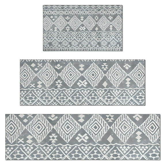 Gray Geometric Diamond Striped Pattern Kitchen Rugs Sets Of 3,Kitchen Runner Rugs Non Skid Washable,Decorative Kitchen Floor Mats for Kitchen,Sink,Laundry,17"x30"+ 17"x47" + 17"x59"