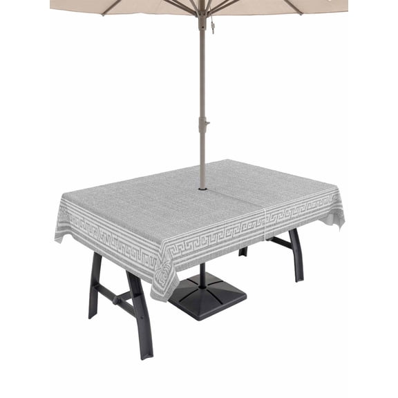 Gray Geometric Outdoor Tablecloth with Umbrella Hole, White Greek Key Design Burlap Modern Art Waterproof Outdoor Table Cover, Patio Tablecloths for Party Picnic Camping, Rectangle 52"x70"