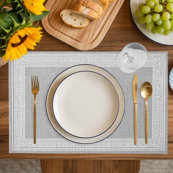 Gray Geometric Placemats Set of 2, White Greek Key Design Placemats for Dining Table, Burlap Place Mats for Kitchen Tabletop, Modern Art Waterproof Wipeable Dining Table Mats Set