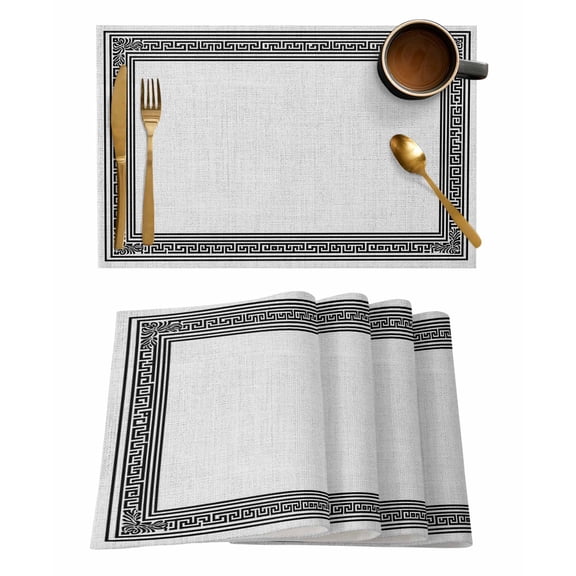 Gray Geometric Placemats Set of 4, Black Greek Key Design Burlap Modern Art Placemats for Dining Table, Place Mats for Kitchen Tabletop, Waterproof Wipeable Dining Table Mats Set