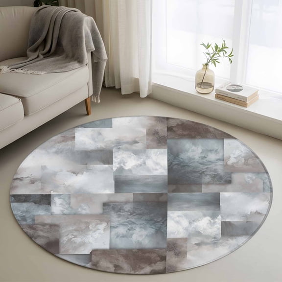 Gray Geometric Round Area Rug 3.3 FT, Non Slip Small Entryway Kitchen Mat, Modern Abstract Art Block Washable Soft Circular Rug Non-Shedding Door Mat for Bathroom Playroom Kids Room