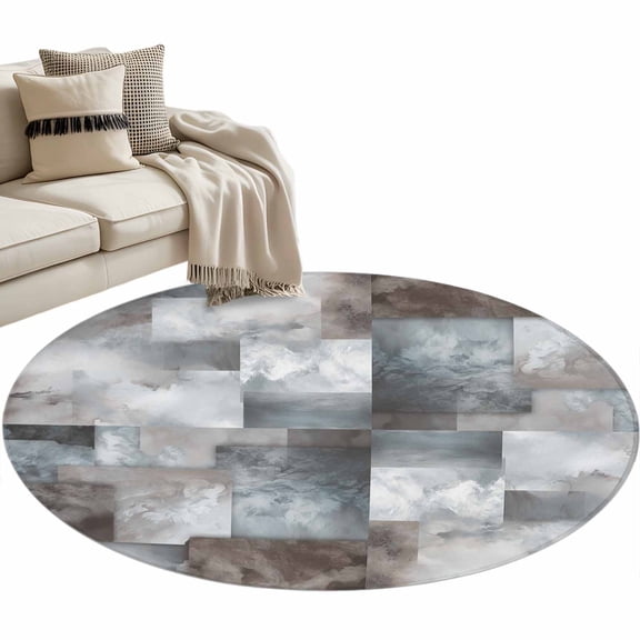 Gray Geometric Round Area Rug 4ft, Modern Abstract Art Block Washable Non-Slip Circle Rugs for Bedroom Living Room Kitchen, Soft Non Shedding Circle Carpet for Dining Room Dorm