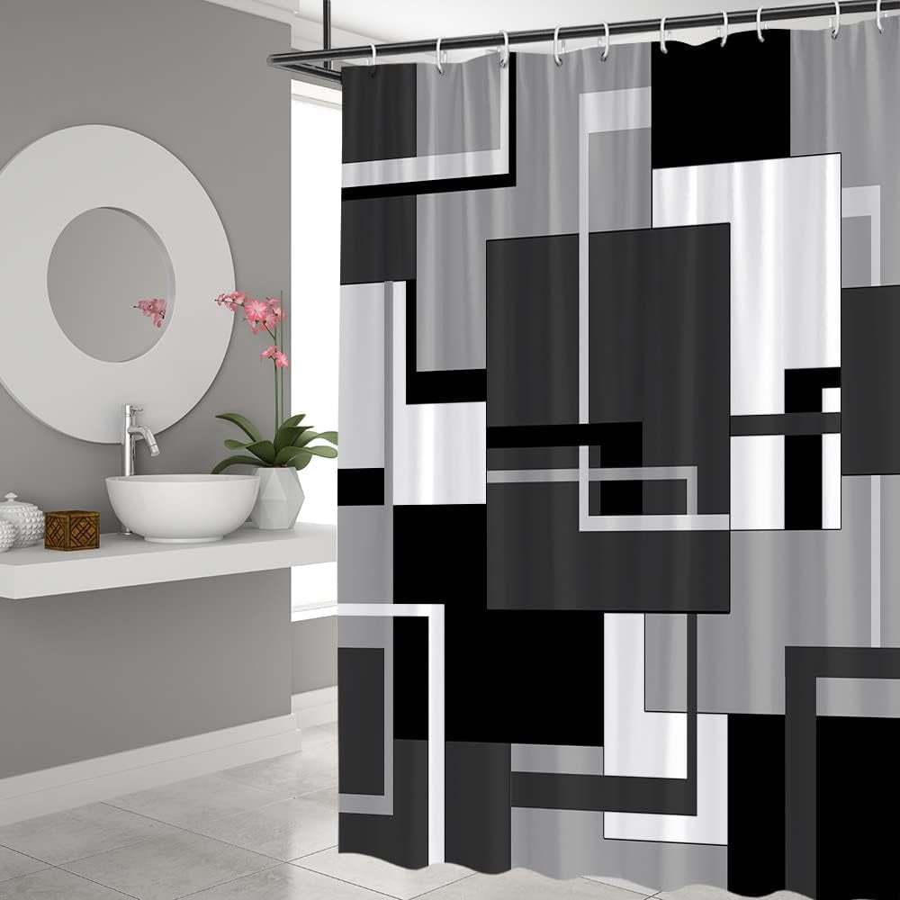 Gray Geometric Shower Curtain Black White and Gray Abstract Minimalist Line Geometry Mid Century Polyester Fabric Bathroom Accessories Set Include Hooks 36Wx70H Inch