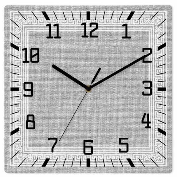 Gray Geometric Wooden Wall Clock Silent Non Ticking, White Greek Key Design Burlap Modern Art Square Wall Clocks Battery Operated, Decor Clock for Home Office, Living Room, Kitchen, 10 Inch