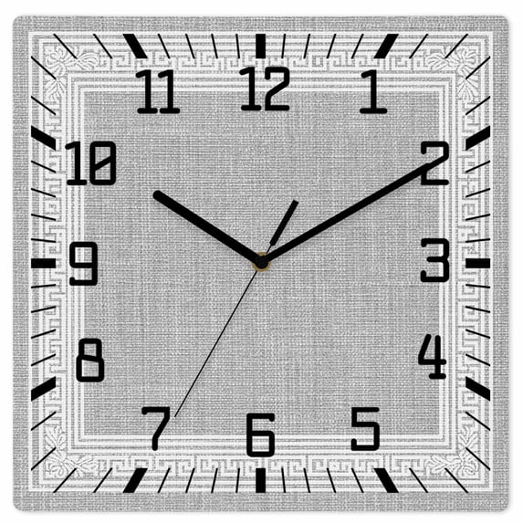 Gray Geometric Wooden Wall Clock Silent Non Ticking, White Greek Key Design Burlap Modern Art Square Wall Clocks Battery Operated, Decor Clock for Home Office, Living Room, Kitchen, 10 Inch
