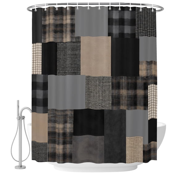 Gray Gingham Shower Curtain Set - Small 36" x 72" Washable Bathtub Curtain with 12 Hooks, Abstract Buffalo Plaid Solid Color Patchwork Waterproof Fabric Stall Shower Curtains for Bathroom Décor