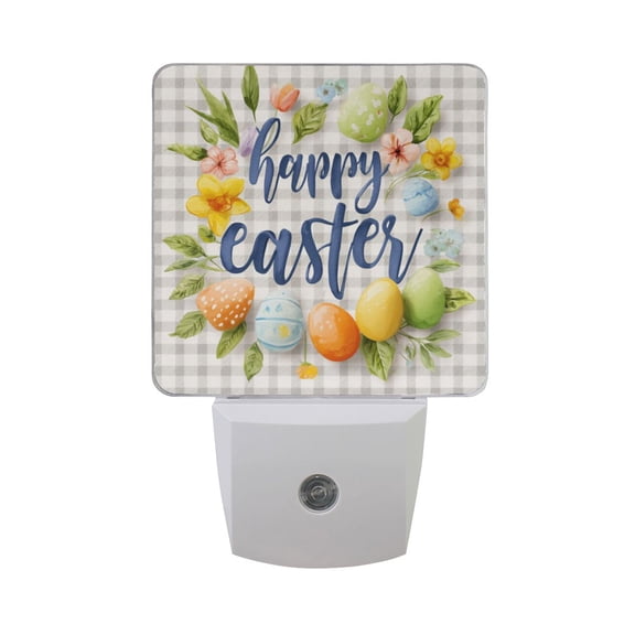 Gray Gingham Wreath Easter Eggs LED Night Light Sensor Lamp Plug-in Adjustable Brightness 2 Pack