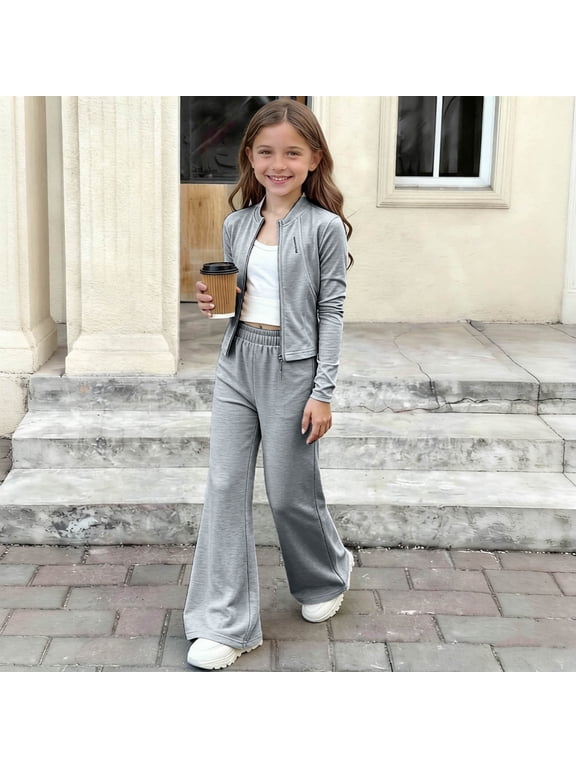 Gray Girls 2 Piece Activewear Set Zip Up Crop Jacket and High Waist Flare Pants Matching Outfit,Size 1-2T