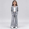 thumbnail image 1 of Gray Girls 2 Piece Activewear Set Zip Up Crop Jacket and Elastic Waist Flare Pants Matching Outfit,Size 3-4T, 1 of 7