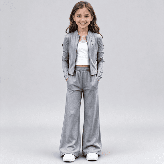 Gray Girls 2 Piece Activewear Set Zip Up Crop Jacket and Elastic Waist Flare Pants Matching Outfit,Size 3-4T