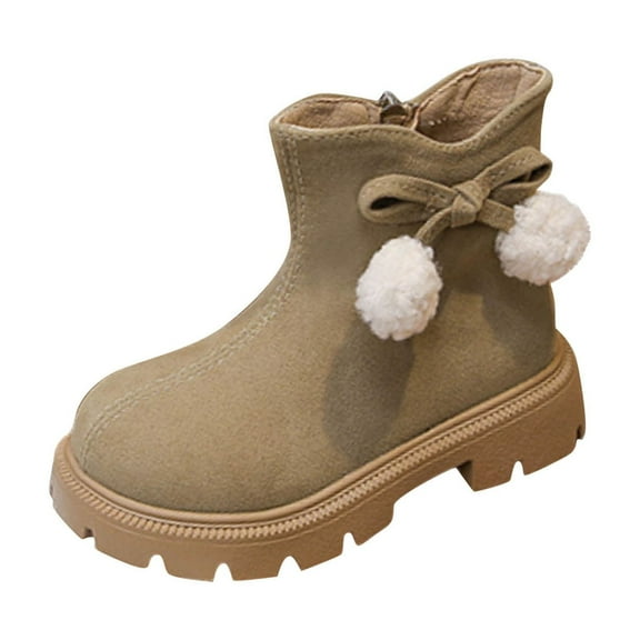 Gray Girls British Style Lined Leather Ankle Boots With Pom Pom And Bow, For Children, Soft Lining, Ideal For Family Outings